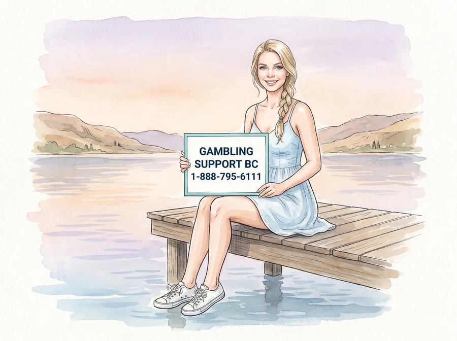 Woman on a dock holding a gambling support card