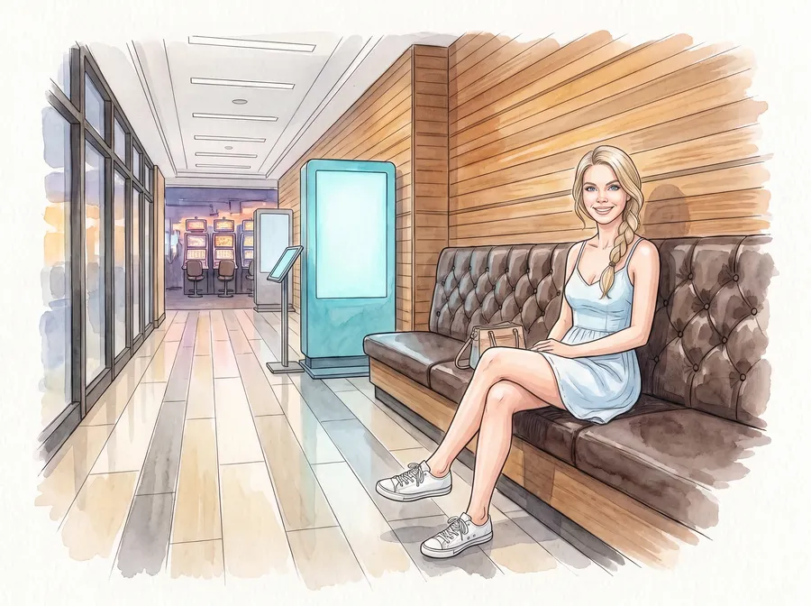 Woman on a banquette in the casino corridor