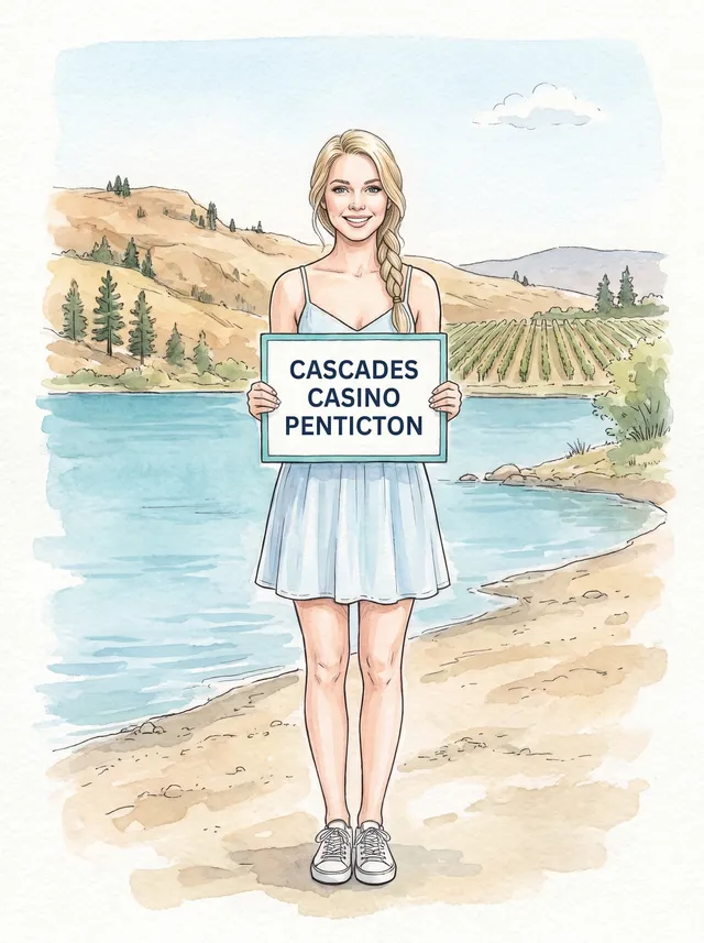 Woman by the lake holding a Cascades Casino Penticton board