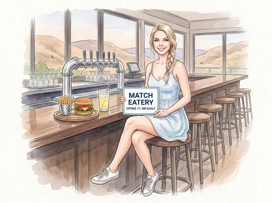 Woman with a burger and a MATCH opening-hours card