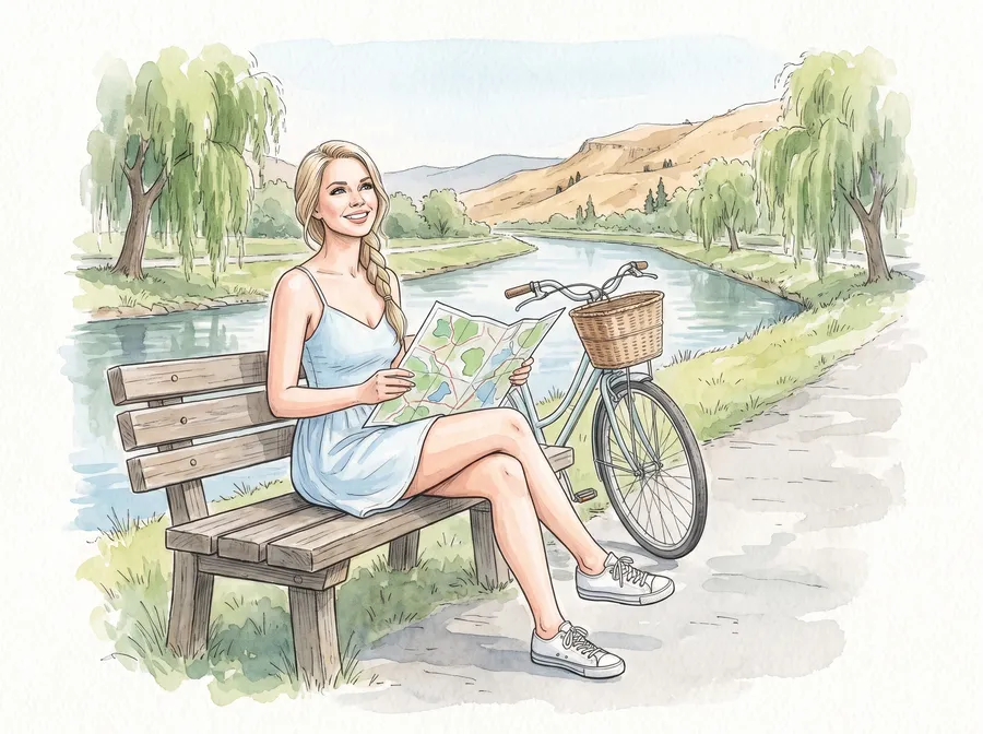 Woman with a map on a bench by a river