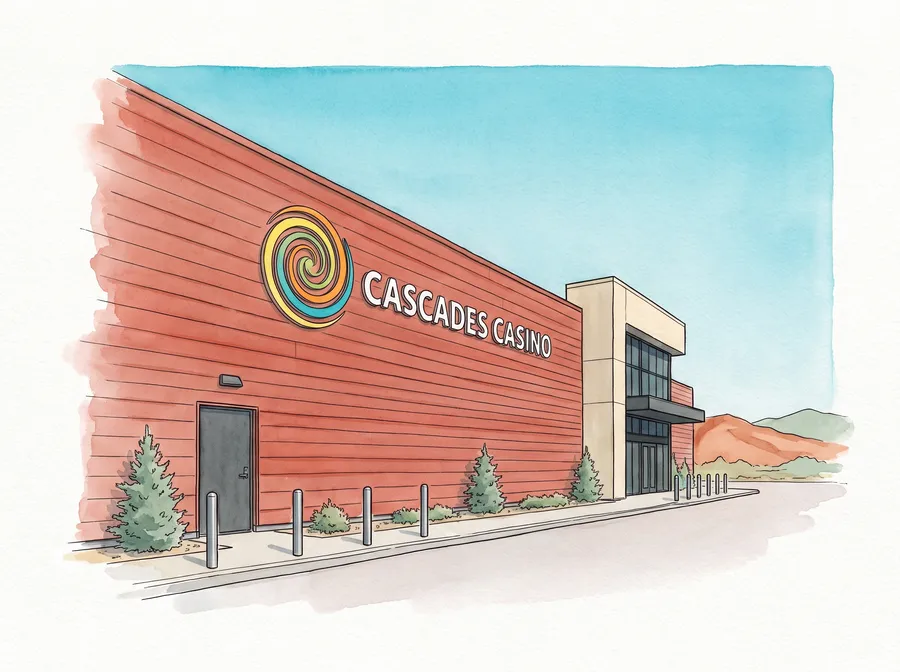 Terracotta casino wall with the Cascades Casino sign